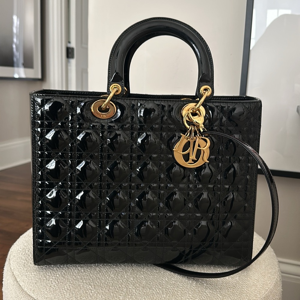 Vintage Large Black Patent Leather Christian Dior Lady Dior